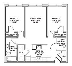 Floor plan for 2 beds, 1.5 baths, 990 sqft